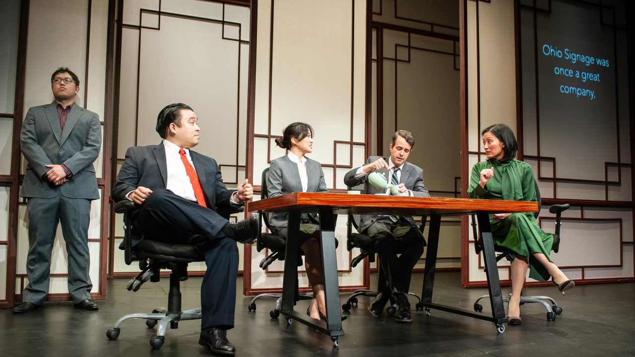 Translator Zhao (Xun Zhang), Judge Xu Geming (Phil Wong), prosecutor Li (Sharon Shao), American sign maker Daniel Cavanaugh (Michael Barrett Austin), and vice minister Xi Yan (Nicole Tung) attempt to communicate about business in San Francisco Playhouse's "Chinglish," performing May 4 - June 10.