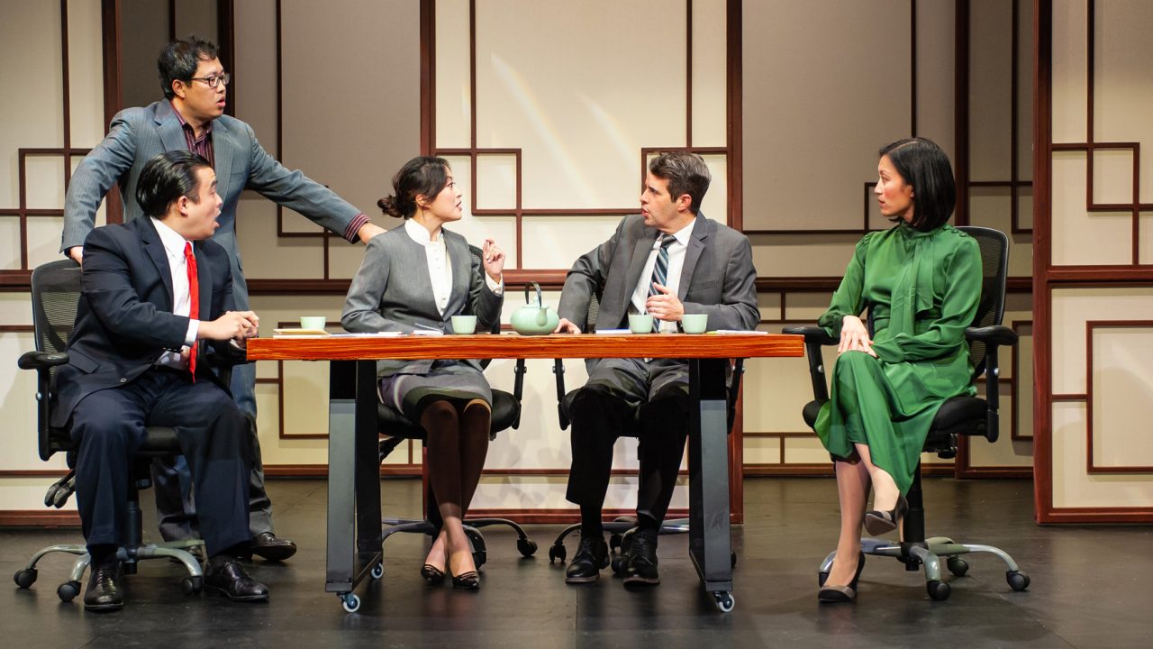Judge Xu Geming (Phil Wong), translator Zhao (Xun Zhang), prosecutor Li (Sharon Shao), American sign maker Daniel Cavanaugh (Michael Barrett Austin), and vice minister of culture Xi Yan (Nicole Tung) attempt to communicate about business in San Francisco Playhouse's "Chinglish," performing May 4 - June 10.