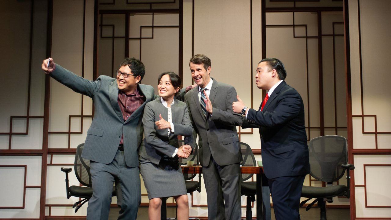 Translator Zhao (Xun Zhang), prosecutor Li (Sharon Shao), American sign maker Daniel Cavanaugh (Michael Barrett Austin), and Judge Xu Geming (Phil Wong) take a selfie in San Francisco Playhouse's "Chinglish," performing May 4 - June 10.