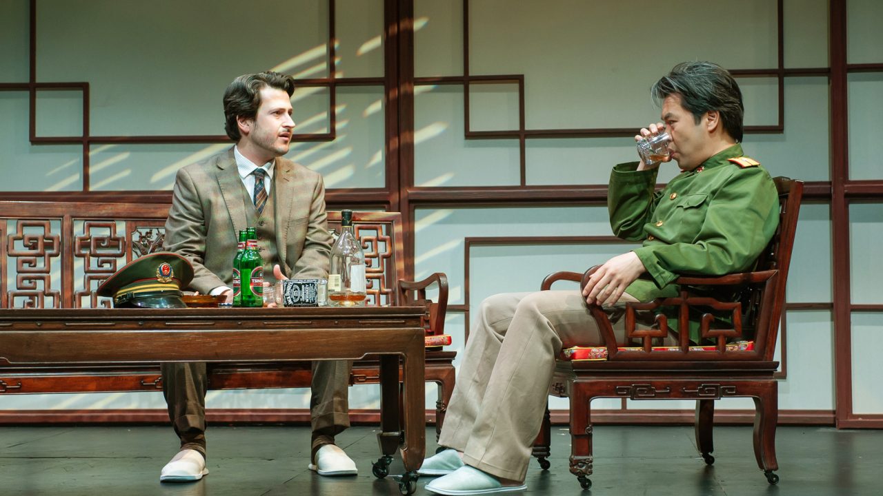 Peter Timms (Matthew Bohrer) and minister Cai Guoliang (Alex Hsu) discuss Guānxi and the complications of business in San Francisco Playhouse's "Chinglish," performing May 4 - June 10.