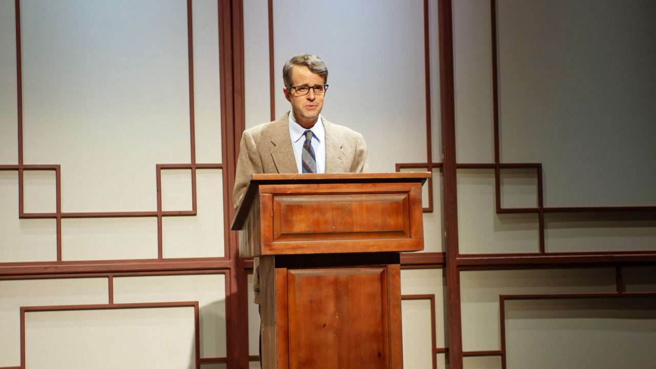 American businessman Daniel Cavanaugh (Michael Barrett Austin) gives a presentation in San Francisco Playhouse's "Chinglish," performing May 4 - June 10.