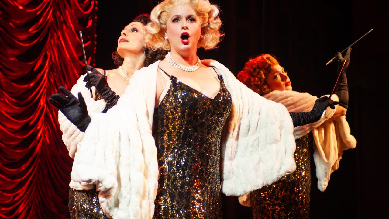 Adelaide (center - Melissa WolfKlain) and her debutantes (Jill Slyter and Brigitte Losey) perform in The Hot Box club in San Francisco Playhouse's "Guys and Dolls," performing November 16, 2023 - January 13, 2024.