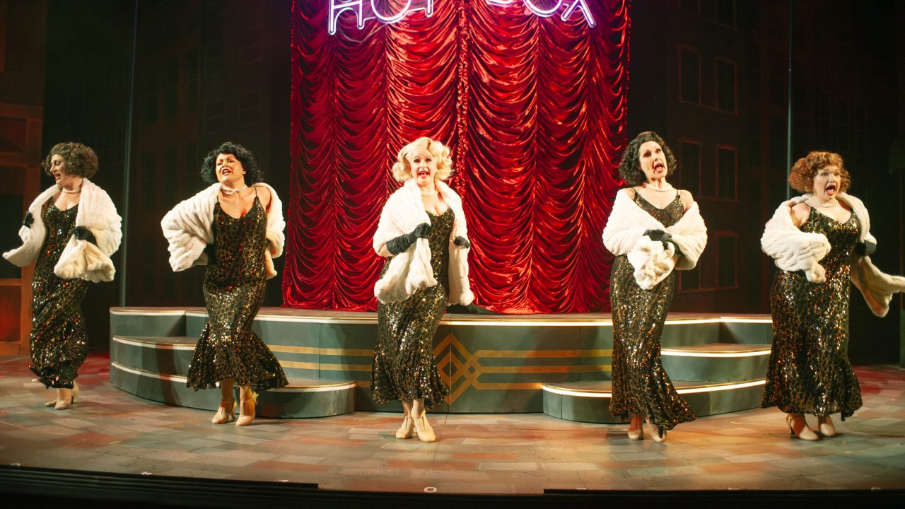 The Hot Box Girls (l to r: Alison Ewing, Malia Abayon, Melissa WolfKlain, Jill Slyter, and Brigitte Losey) perform in San Francisco Playhouse's "Guys and Dolls," performing November 16, 2023 - January 13, 2024.