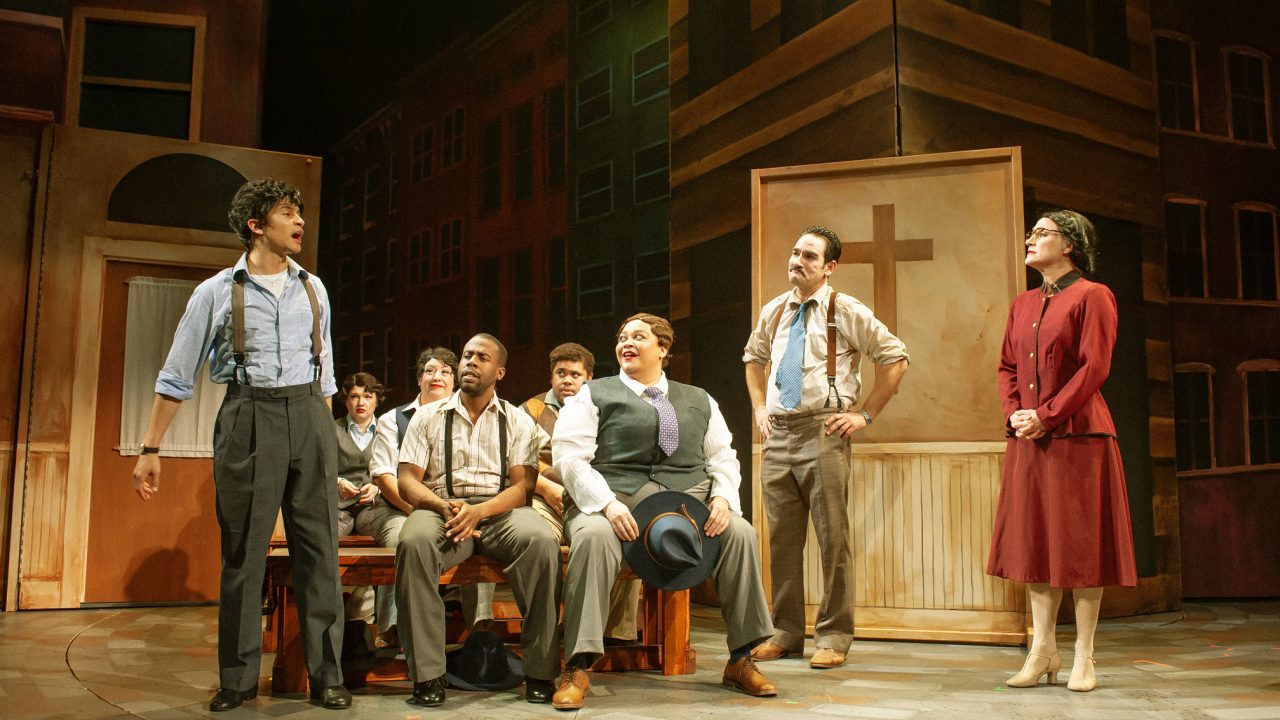 Gamblers confess to their sins in San Francisco Playhouse's "Guys and Dolls," performing November 16, 2023 - January 13, 2024.
