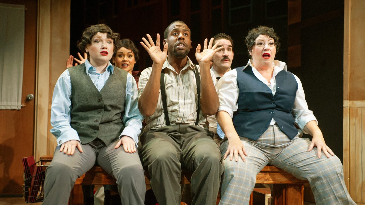 Gamblers (l to r: Brigitte Losey, Malia Abayon, Jurä Davis, Joel Roster, and Jessica Coker) are corralled into the Save-A-Soul Mission in San Francisco Playhouse's "Guys and Dolls," performing November 16, 2023 - January 13, 2024.