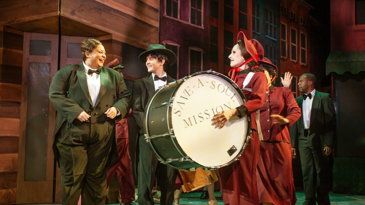 Gangsters and missionaries (l to r: Kay Loren, Chachi Delgado, Jill Slyter, Malia Abayon, and Jurä Davis) rub shoulders in San Francisco Playhouse's "Guys and Dolls," performing November 16, 2023 - January 13, 2024.