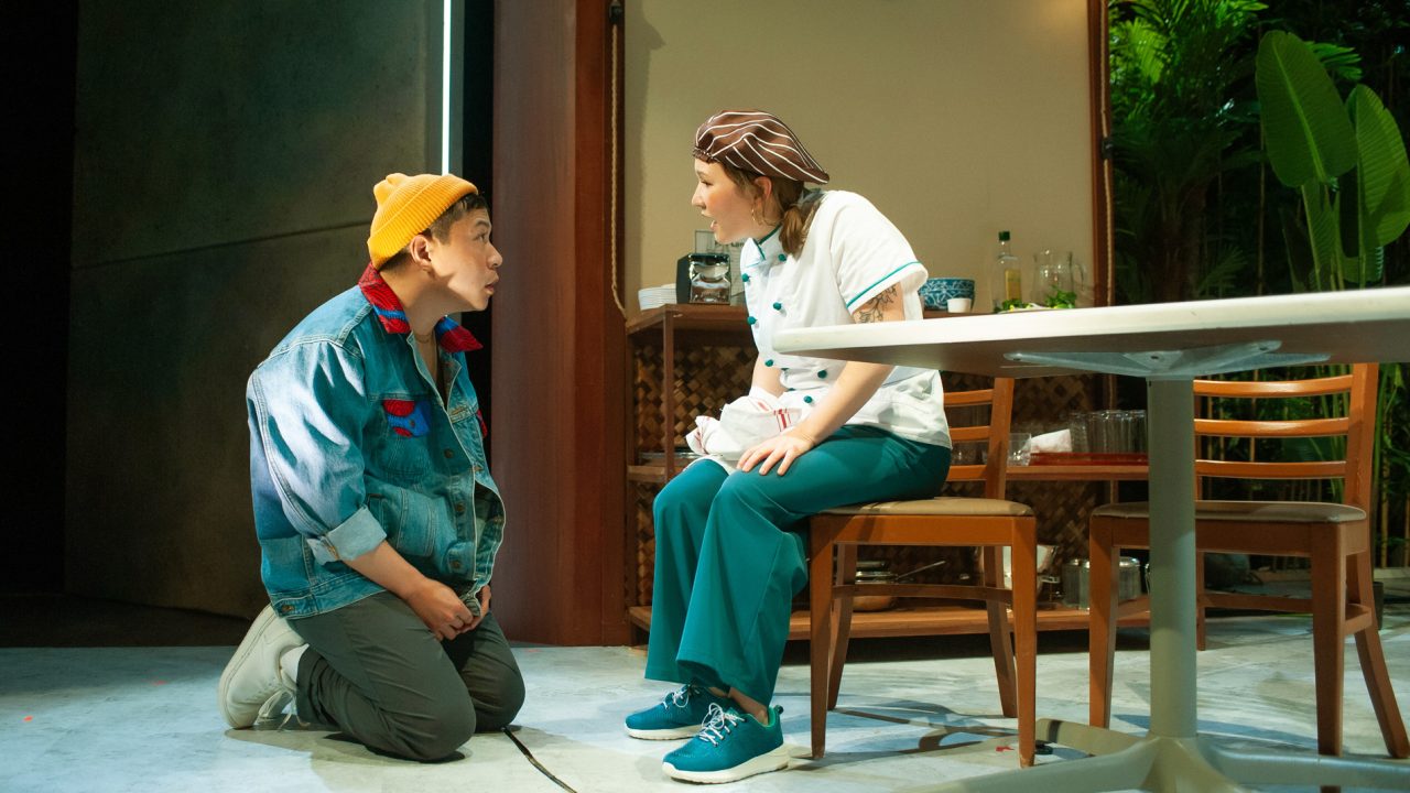 Beau (Will Dao) warns Mai (Jenny Nguyen Nelson) in San Francisco Playhouse's World Premiere Play "My Home on the Moon," performing January 25 - February 24.