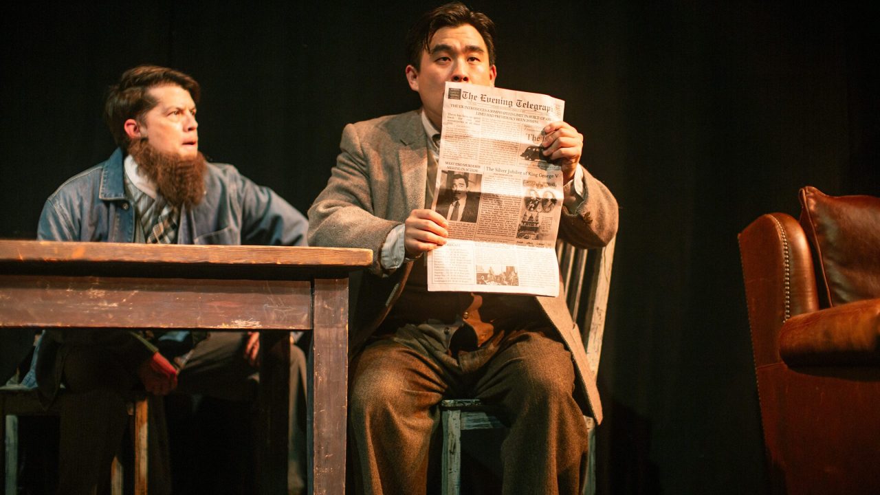 The Crofter (Greg Ayers) looks suspiciously at wanted man Richard Hannay (Phil Wong) in "The 39 Steps," presented by San Francisco Playhouse March 7 - April 20. The Crofter (Greg Ayers) looks suspiciously at wanted man Richard Hannay (Phil Wong) in "The 39 Steps," presented by San Francisco Playhouse March 7 - April 20.