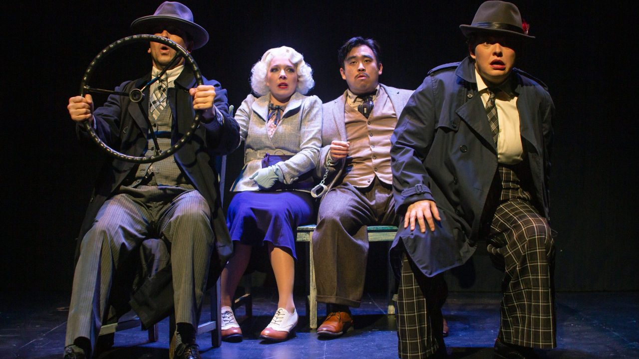 Passengers (l to r: Greg Ayers, Maggie Mason, Phil Wong, and Renee Rogoff) are surprised as the car ride comes to a screeching halt in "The 39 Steps," presented by San Francisco Playhouse March 7 - April 20. Passengers (l to r: Greg Ayers, Maggie Mason, Phil Wong, and Renee Rogoff) are surprised as the car ride comes to a screeching halt in "The 39 Steps," presented by San Francisco Playhouse March 7 - April 20.