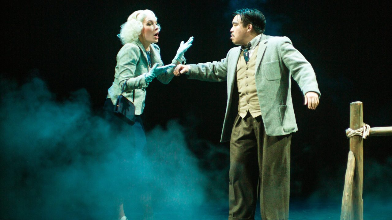 Pamela (Maggie Mason) is dragged by Richard Hannay (Phil Wong) into a high speed chase in "The 39 Steps," presented by San Francisco Playhouse March 7 - April 20. Pamela (Maggie Mason) is dragged by Richard Hannay (Phil Wong) into a high speed chase in "The 39 Steps," presented by San Francisco Playhouse March 7 - April 20.