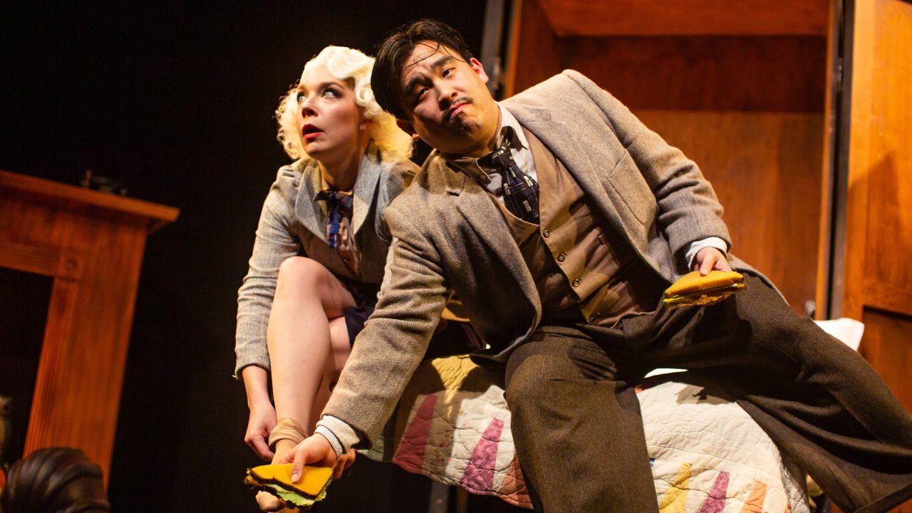 Pamela (Maggie Mason) and Richard Hannay (Phil Wong) struggle with a sandwich in "The 39 Steps," presented by San Francisco Playhouse March 7 - April 20. Pamela (Maggie Mason) and Richard Hannay (Phil Wong) struggle with a sandwich in "The 39 Steps," presented by San Francisco Playhouse March 7 - April 20.