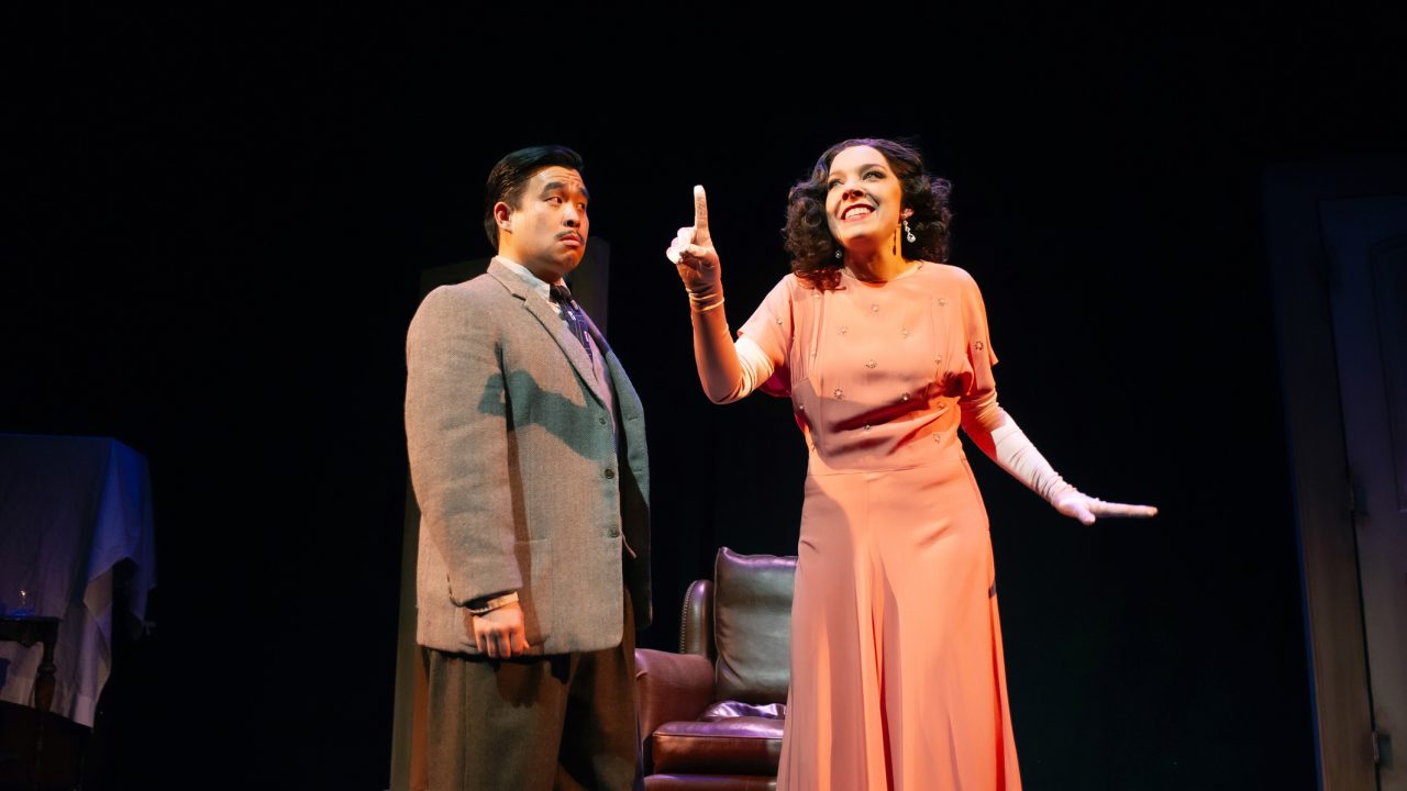 Richard Hannay (Phil Wong) listens to Anabella (Maggie Mason) in "The 39 Steps," presented by San Francisco Playhouse March 7 - April 20. Richard Hannay (Phil Wong) listens to Anabella (Maggie Mason) in "The 39 Steps," presented by San Francisco Playhouse March 7 - April 20.