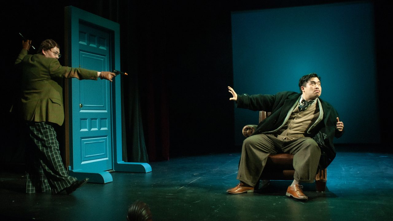 The Professor (Renee Rogoff) threatens Richard Hannay (Phil Wong) in "The 39 Steps," presented by San Francisco Playhouse March 7 - April 20. The Professor (Renee Rogoff) threatens Richard Hannay (Phil Wong) in "The 39 Steps," presented by San Francisco Playhouse March 7 - April 20.