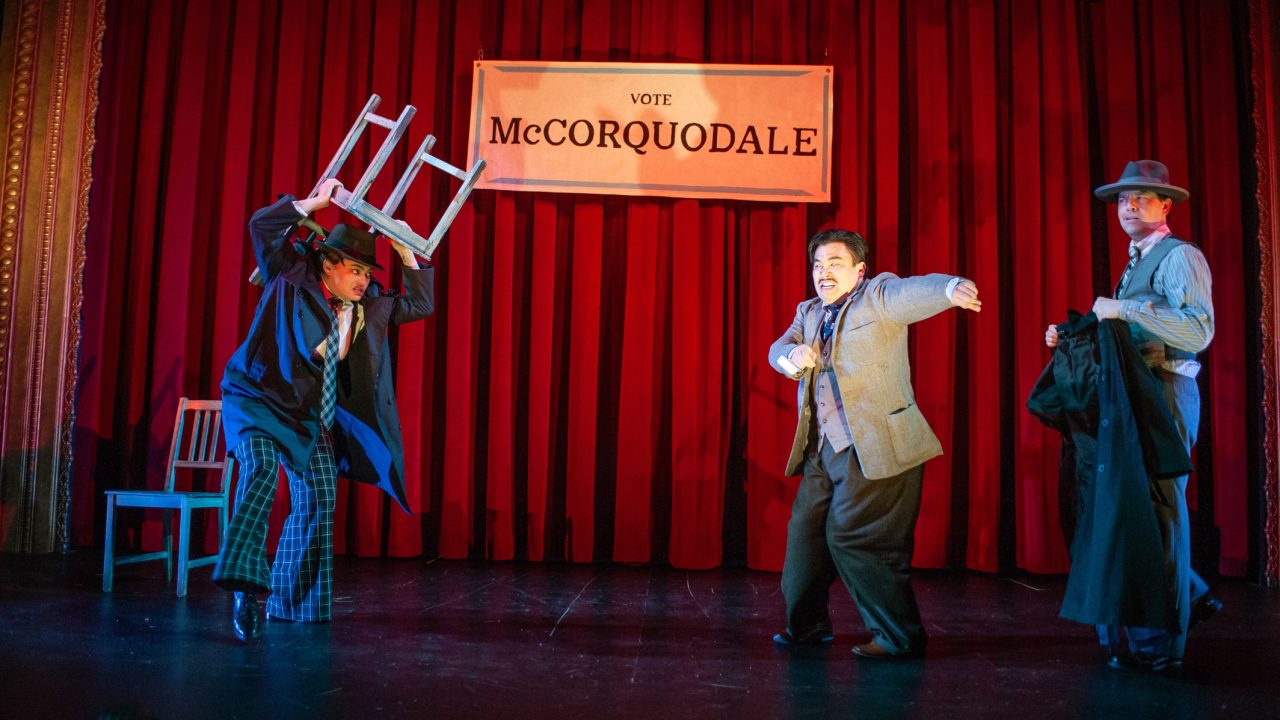 Richard Hannay (center - Phil Wong) is pursued by heavies (l to r: Renee Rogoff and Greg Ayers) in "The 39 Steps," presented by San Francisco Playhouse March 7 - April 20. Richard Hannay (center - Phil Wong) is pursued by heavies (l to r: Renee Rogoff and Greg Ayers) in "The 39 Steps," presented by San Francisco Playhouse March 7 - April 20.