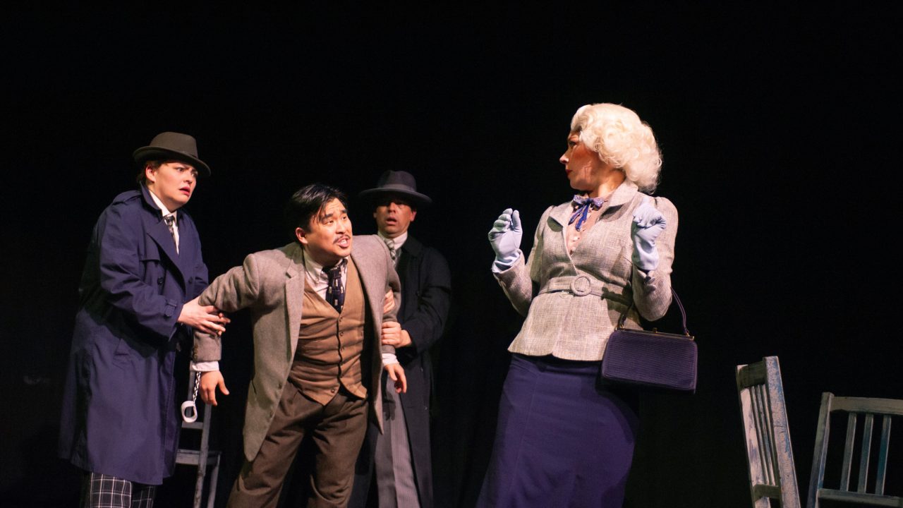 Richard Hannay (center - Phil Wong) is apprehended by two policemen (l to r: Renee Rogoff and Greg Ayers) as Pamela (Maggie Mason) denies association in "The 39 Steps," presented by San Francisco Playhouse March 7 - April 20. Richard Hannay (center - Phil Wong) is apprehended by two policemen (l to r: Renee Rogoff and Greg Ayers) as Pamela (Maggie Mason) denies association in "The 39 Steps," presented by San Francisco Playhouse March 7 - April 20.