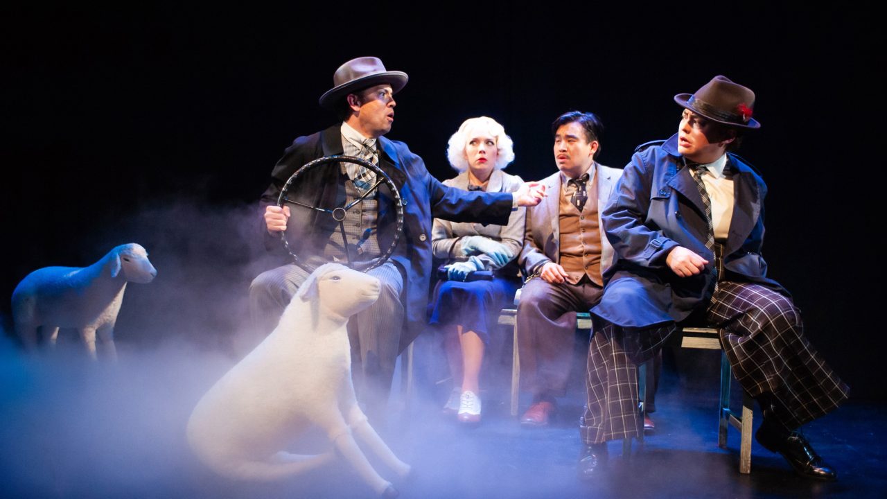 Sheep deter the journey for the car's passengers (l to r: Greg Ayers, Maggie Mason, Phil Wong, and Renee Rogoff) in "The 39 Steps," presented by San Francisco Playhouse March 7 - April 20. Sheep deter the journey for the car's passengers (l to r: Greg Ayers, Maggie Mason, Phil Wong, and Renee Rogoff) in "The 39 Steps," presented by San Francisco Playhouse March 7 - April 20.