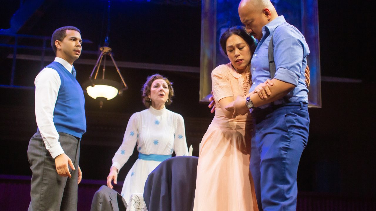 Jim (William Thomas Hodgson) and Amanda (Susi Damilano) are concerned as an ailing Laura (Nicole Javier) is supported by her brother Tom (Jomar Tagatac) in San Francisco Playhouse's "The Glass Menagerie," performing May 2 - June 15. Jim (William Thomas Hodgson) and Amanda (Susi Damilano) are concerned as an ailing Laura (Nicole Javier) is supported by her brother Tom (Jomar Tagatac) in San Francisco Playhouse's "The Glass Menagerie," performing May 2 - June 15.