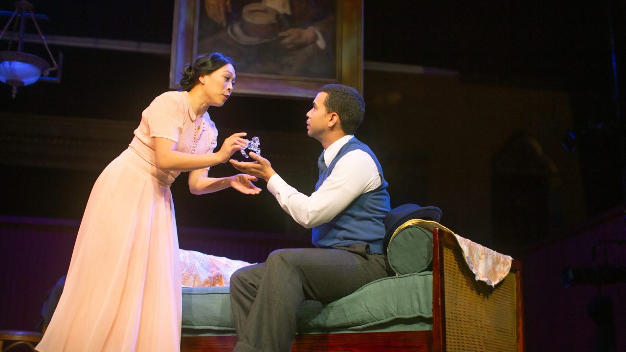 Laura (Nicole Javier) shows off her glass figurine collection to Jim (William Thomas Hodgson) in San Francisco Playhouse's "The Glass Menagerie," performing May 2 - June 15. Laura (Nicole Javier) shows off her glass figurine collection to Jim (William Thomas Hodgson) in San Francisco Playhouse's "The Glass Menagerie," performing May 2 - June 15.