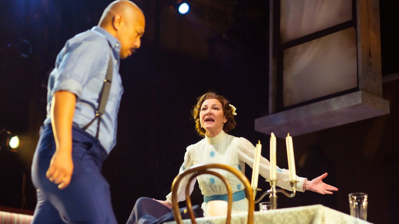 Tom (Jomar Tagatac) is scolded by Amanda (Susi Damilano) in San Francisco Playhouse's "The Glass Menagerie," performing May 2 - June 15. Tom (Jomar Tagatac) is scolded by Amanda (Susi Damilano) in San Francisco Playhouse's "The Glass Menagerie," performing May 2 - June 15.