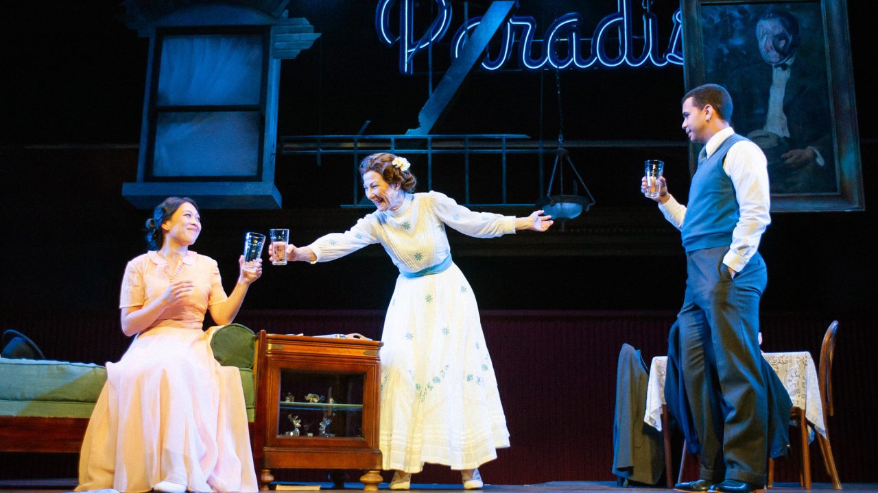 Laura (Nicole Javier) and Amanda (Susi Damilano) celebrate with gentleman caller Jim (William Thomas Hodgson) in San Francisco Playhouse's "The Glass Menagerie," performing May 2 - June 15. Laura (Nicole Javier) and Amanda (Susi Damilano) celebrate with gentleman caller Jim (William Thomas Hodgson) in San Francisco Playhouse's "The Glass Menagerie," performing May 2 - June 15.