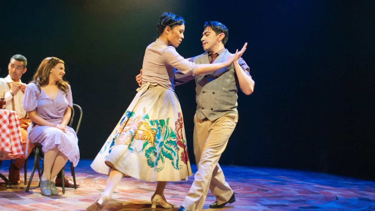 A bystander (Nicholas Tabora) and Eva Duarte (Sophia Alawi) watch tango dancers (Dian Sitip Meechai and César Lino) in San Francisco Playhouse's "Evita," performing June 27 - September 7, 2024. A bystander (Nicholas Tabora) and Eva Duarte (Sophia Alawi) watch tango dancers (Dian Sitip Meechai and César Lino) in San Francisco Playhouse's "Evita," performing June 27 - September 7, 2024.
