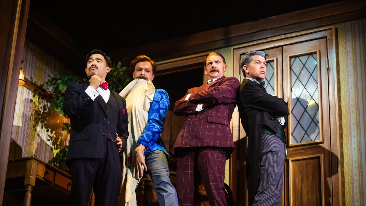 Clueless actors (l to r: Phil Wong, Adam Griffith, Patrick Russell, and Greg Ayers) attempt to stage a play in "The Play That Goes Wrong," presented by San Francisco Playhouse September 21 - November 9. "The Play That Goes Wrong" production photo.