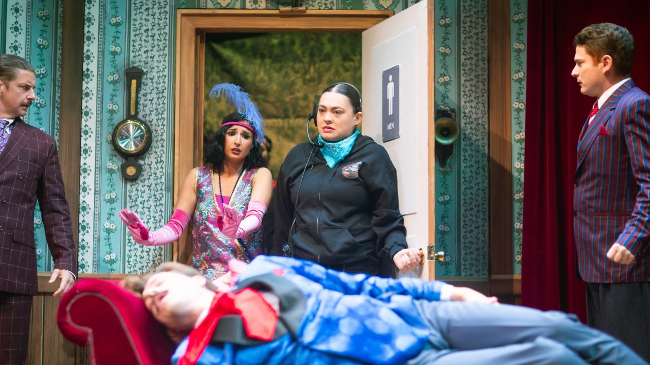 The cast and crew (l to r: Patrick Russell, Adam Griffith, Erin Rose Solorio, Renee Rogoff, Joe Ayers) struggle in "The Play That Goes Wrong," presented by San Francisco Playhouse September 21 - November 9. "The Play That Goes Wrong" production photo.