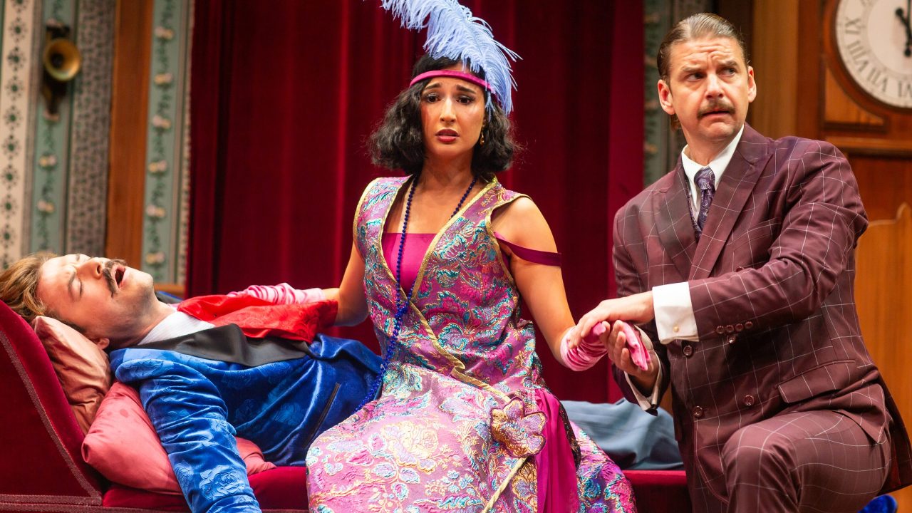 Actors Jonathan (Adam Griffith), Sandra (Erin Rose Solorio) and Robert (Patrick Russell) bumble their way through a murder mystery in "The Play That Goes Wrong," presented by San Francisco Playhouse September 21 - November 9. "The Play That Goes Wrong" production photo.