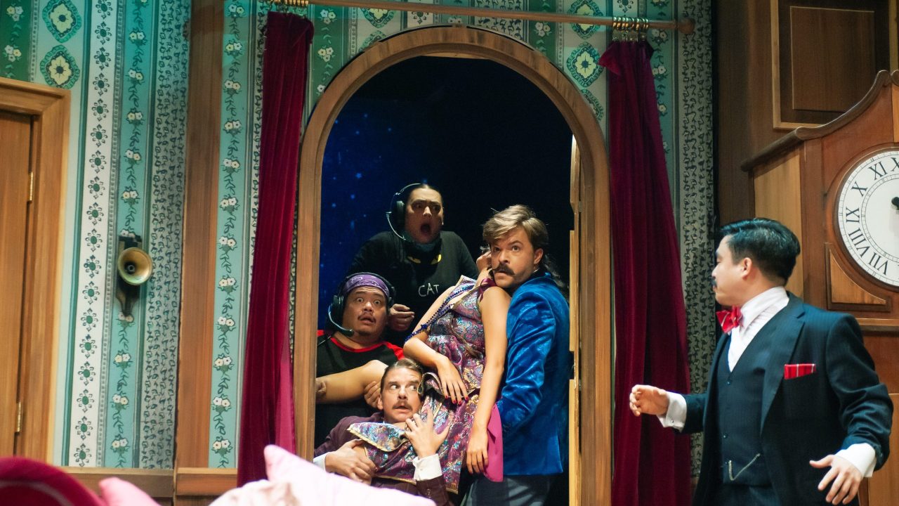 The cast and crew (clockwise from bottom: Patrick Russell, Tasi Alabastro, Renee Rogoff, Adam Griffith, Erin Rose Solorio, right: Phil Wong) struggle to perform in "The Play That Goes Wrong," presented by San Francisco Playhouse September 21 - November 9. "The Play That Goes Wrong" production photo.