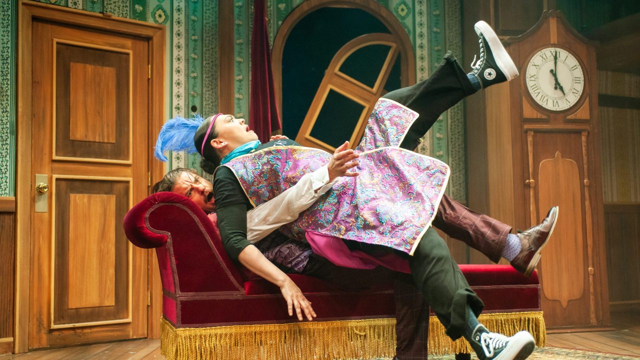 Robert (Patrick Russell) and Annie (Renee Rogoff) struggle in "The Play That Goes Wrong," presented by San Francisco Playhouse September 21 - November 9. "The Play That Goes Wrong" production photo.