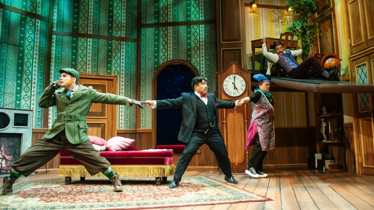 Actors (l to r: Joe Ayers, Phil Wong, Renee Rogoff, Patrick Russell) try to keep the show on track in "The Play That Goes Wrong," presented by San Francisco Playhouse September 21 - November 9. "The Play That Goes Wrong" production photo.