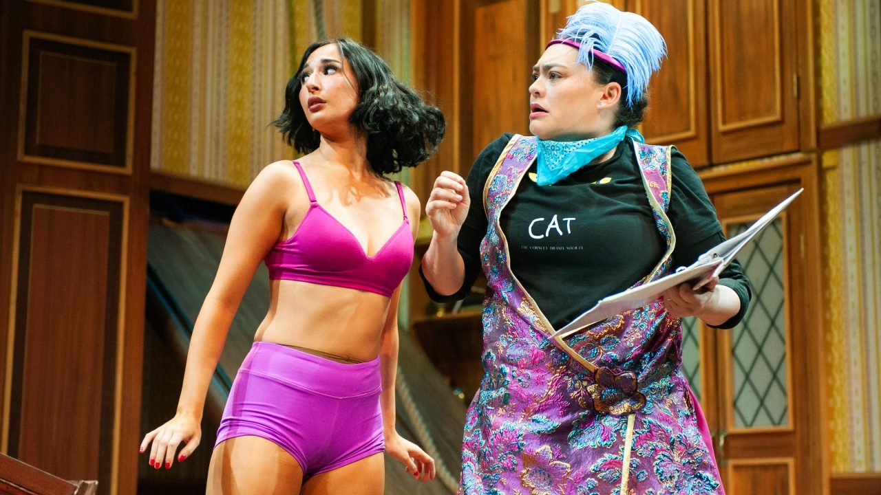 Sandra (Erin Rose Solorio) tries to get her role back from Annie (Renee Rogoff) in "The Play That Goes Wrong," presented by San Francisco Playhouse September 21 - November 9. "The Play That Goes Wrong" production photo.