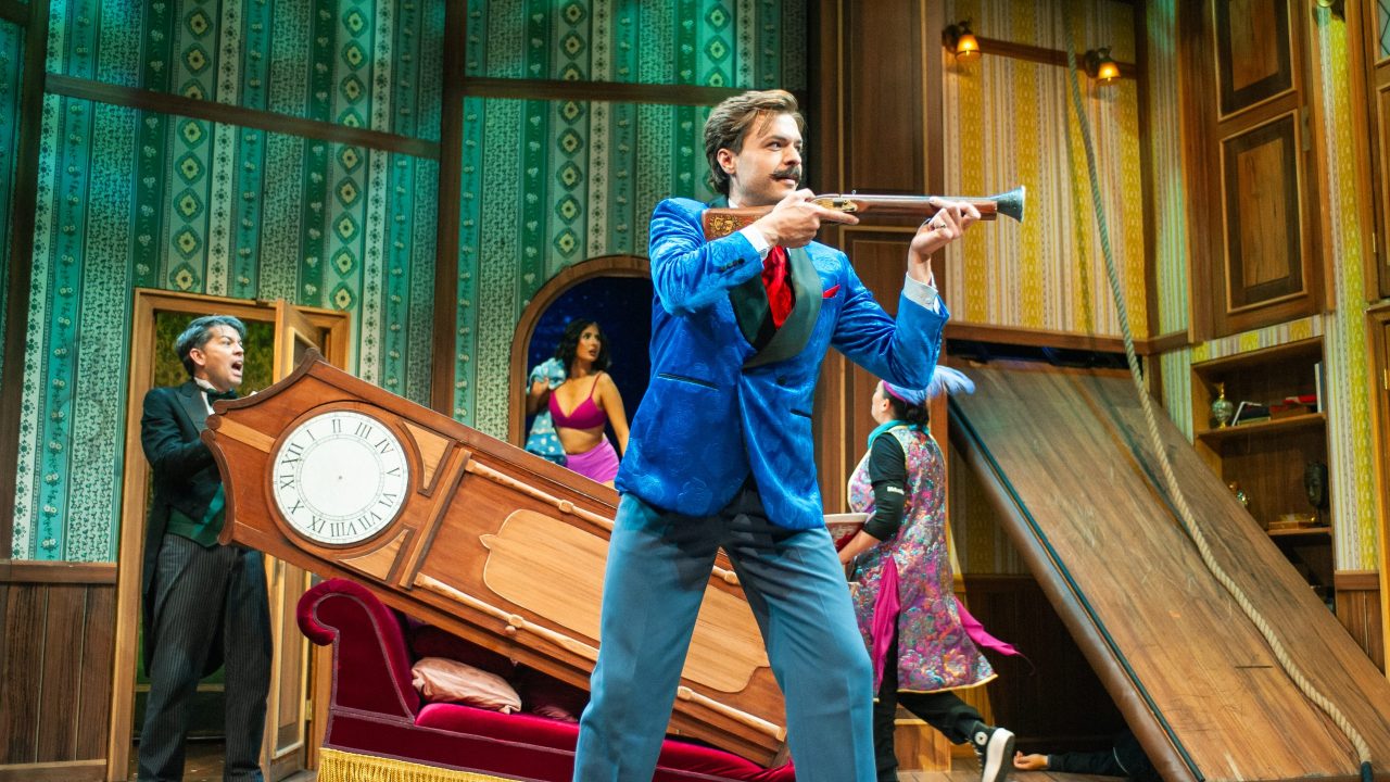 The cast (l to r: Greg Ayers, Erin Rose Solorio, Adam Griffith, Renee Rogoff) devolves into chaos in "The Play That Goes Wrong," presented by San Francisco Playhouse September 21 - November 9. "The Play That Goes Wrong" production photo.