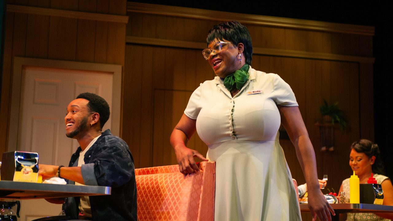 Becky (Tanika Baptiste - center) serves diner patrons (Jordan Covington - left, Malia Abayon - right) in "Waitress," presented by San Francisco Playhouse November 21 – January 18. "Waitress" production photo.