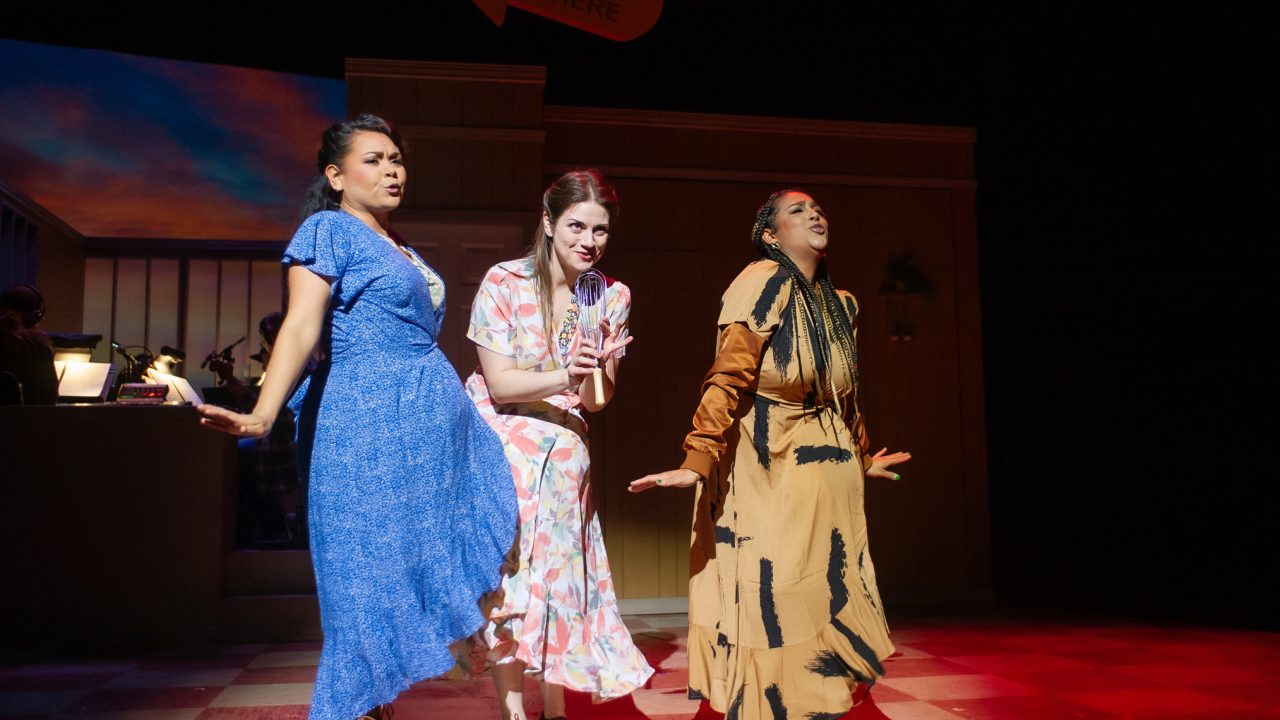Pregnant women (Malia Abayon, Ash Malloy, Lucca Troutman) welcome Jenna to Club Knocked Up in "Waitress," presented by San Francisco Playhouse November 21 – January 18. "Waitress" production photo.