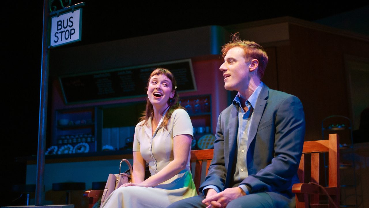 Sparks fly between Jenna (Ruby Day) and Dr. Pomatter (Zeke Edmonds) in "Waitress," presented by San Francisco Playhouse November 21 – January 18. "Waitress" production photo.