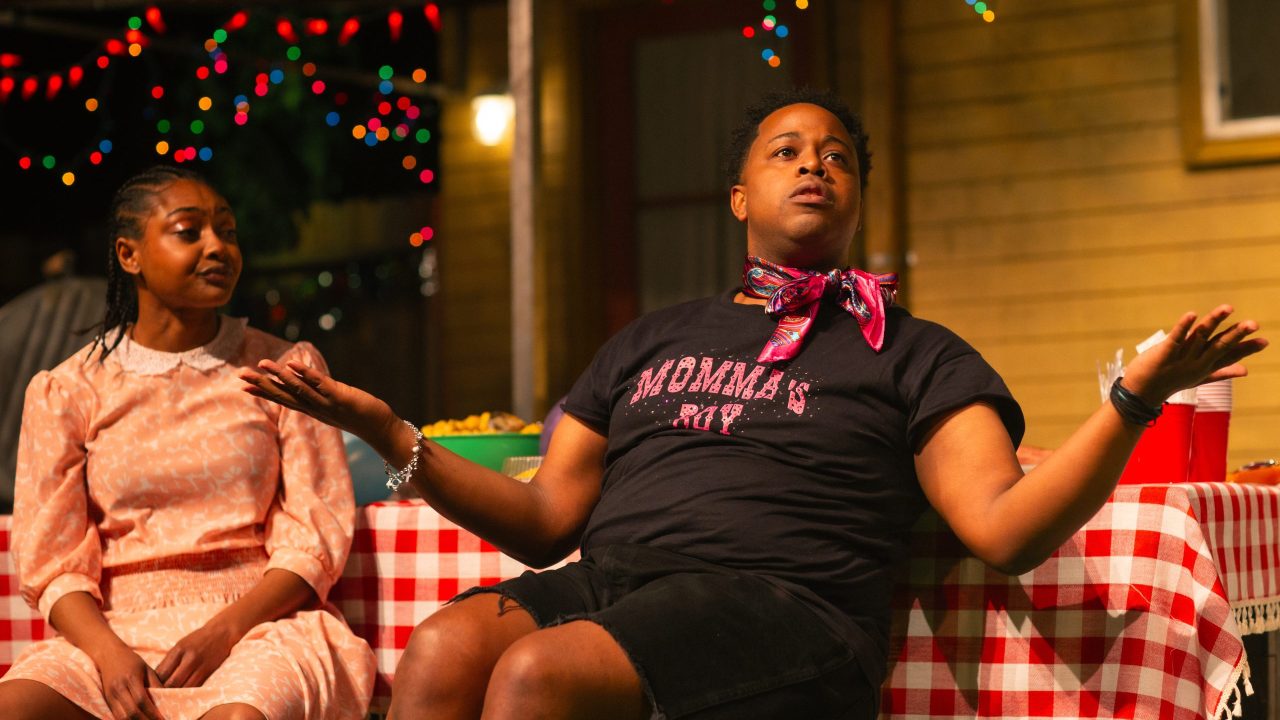 Opal (Courtney Gabrielle Williams) listens to Juicy (Devin A. Cunningham) in "Fat Ham," presented by San Francisco Playhouse March 20 - April 19. Opal (Courtney Gabrielle Williams) listens to Juicy (Devin A. Cunningham) in "Fat Ham," presented by San Francisco Playhouse March 20 - April 19.