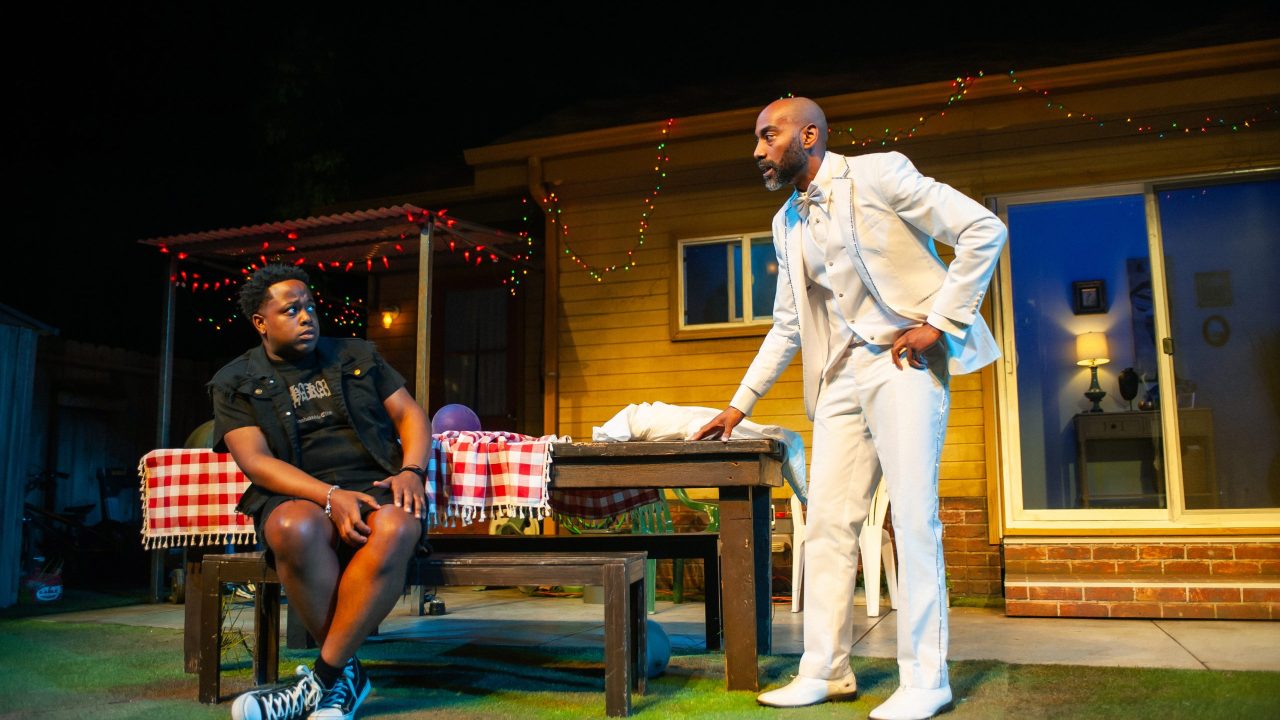 Juicy (Devin A. Cunningham) is startled by the ghost of Pap (Ron Chapman) in "Fat Ham," presented by San Francisco Playhouse March 20 - April 19. Juicy (Devin A. Cunningham) is startled by the ghost of Pap (Ron Chapman) in "Fat Ham," presented by San Francisco Playhouse March 20 - April 19.