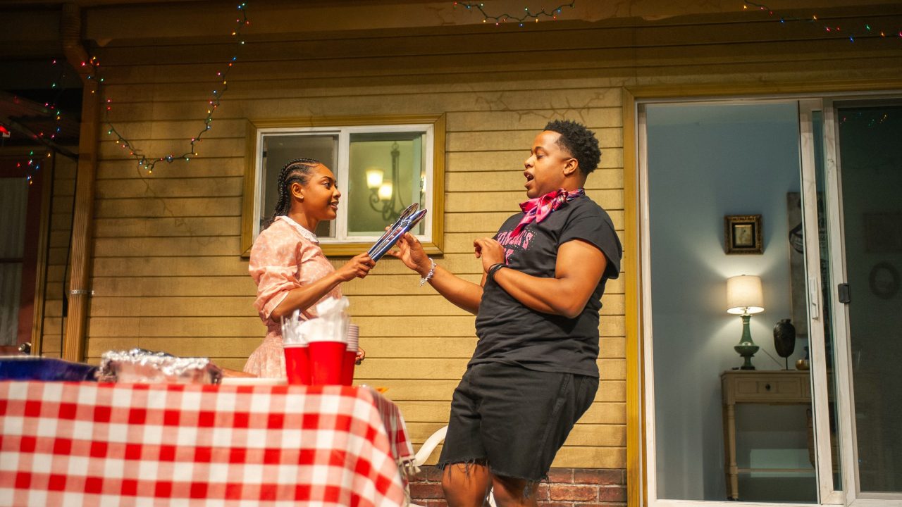Opal (Courtney Gabrielle Williams) startles Juicy (Devin A. Cunningham) in "Fat Ham," presented by San Francisco Playhouse March 20 - April 19. Opal (Courtney Gabrielle Williams) startles Juicy (Devin A. Cunningham) in "Fat Ham," presented by San Francisco Playhouse March 20 - April 19.