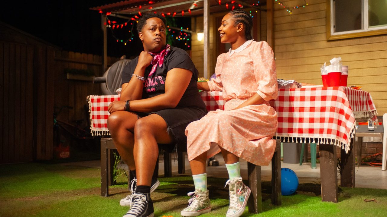 Juicy (Devin A. Cunningham) and Opal (Courtney Gabrielle Williams) contemplate their options in "Fat Ham," presented by San Francisco Playhouse March 20 - April 19. Juicy (Devin A. Cunningham) and Opal (Courtney Gabrielle Williams) contemplate their options in "Fat Ham," presented by San Francisco Playhouse March 20 - April 19.