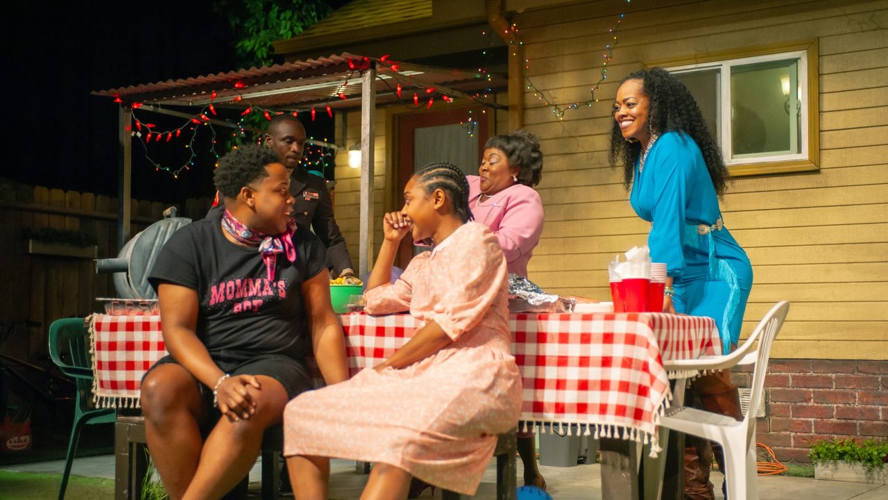 (l to r): Juicy (Devin A. Cunningham), Larry (Samuel Ademola), Opal (Courtney Gabrielle Williams), Rabby (Phaedra Tillery-Boughton), and Tedra (Jenn Stephens) chat at the barbecue in "Fat Ham," presented by San Francisco Playhouse March 20 - April 19. (l to r): Juicy (Devin A. Cunningham), Larry (Samuel Ademola), Opal (Courtney Gabrielle Williams), Rabby (Phaedra Tillery-Boughton), and Tedra (Jenn Stephens) chat at the barbecue in "Fat Ham," presented by San Francisco Playhouse March 20 - April 19.