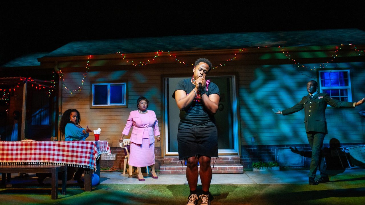 Juicy (center - Devin A. Cunningham) stuns (l to r) Tedra (Jenn Stephens), Rabby (Phaedra Tillery-Boughton) and Larry (Samuel Ademola) with his song choice for karaoke in "Fat Ham," presented by San Francisco Playhouse March 20 - April 19. Juicy (center - Devin A. Cunningham) stuns (l to r) Tedra (Jenn Stephens), Rabby (Phaedra Tillery-Boughton) and Larry (Samuel Ademola) with his song choice for karaoke in "Fat Ham," presented by San Francisco Playhouse March 20 - April 19.