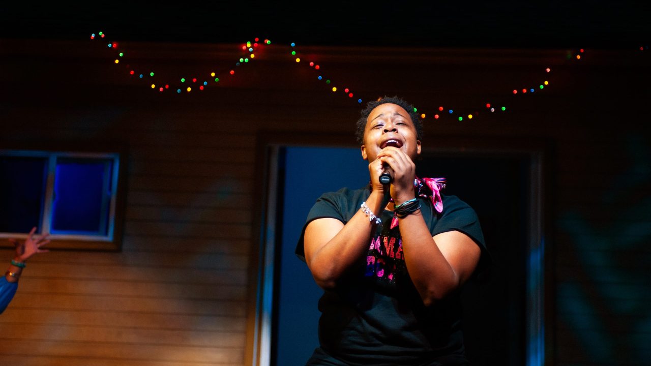 Juicy (Devin A. Cunningham) sings karaoke in "Fat Ham," presented by San Francisco Playhouse March 20 - April 19. Juicy (Devin A. Cunningham) sings karaoke in "Fat Ham," presented by San Francisco Playhouse March 20 - April 19.