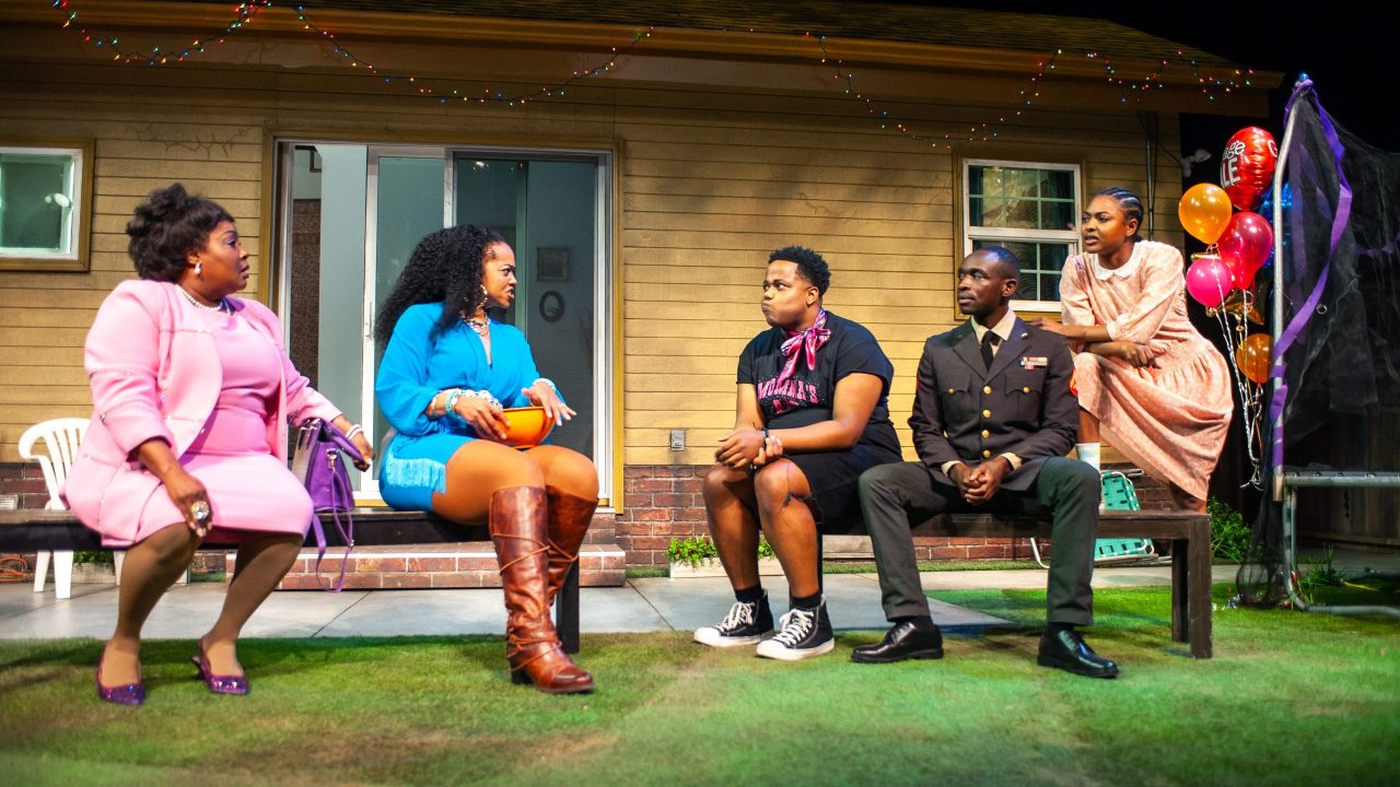 Rabby (Phaedra Tillery-Boughton), Tedra (Jenn Stephens), Juicy (Devin A. Cunningham), Larry (Samuel Ademola), and Opal (Courtney Gabrielle Williams) catch up at the barbecue in "Fat Ham," presented by San Francisco Playhouse March 20 - April 19. Rabby (Phaedra Tillery-Boughton), Tedra (Jenn Stephens), Juicy (Devin A. Cunningham), Larry (Samuel Ademola), and Opal (Courtney Gabrielle Williams) catch up at the barbecue in "Fat Ham," presented by San Francisco Playhouse March 20 - April 19.