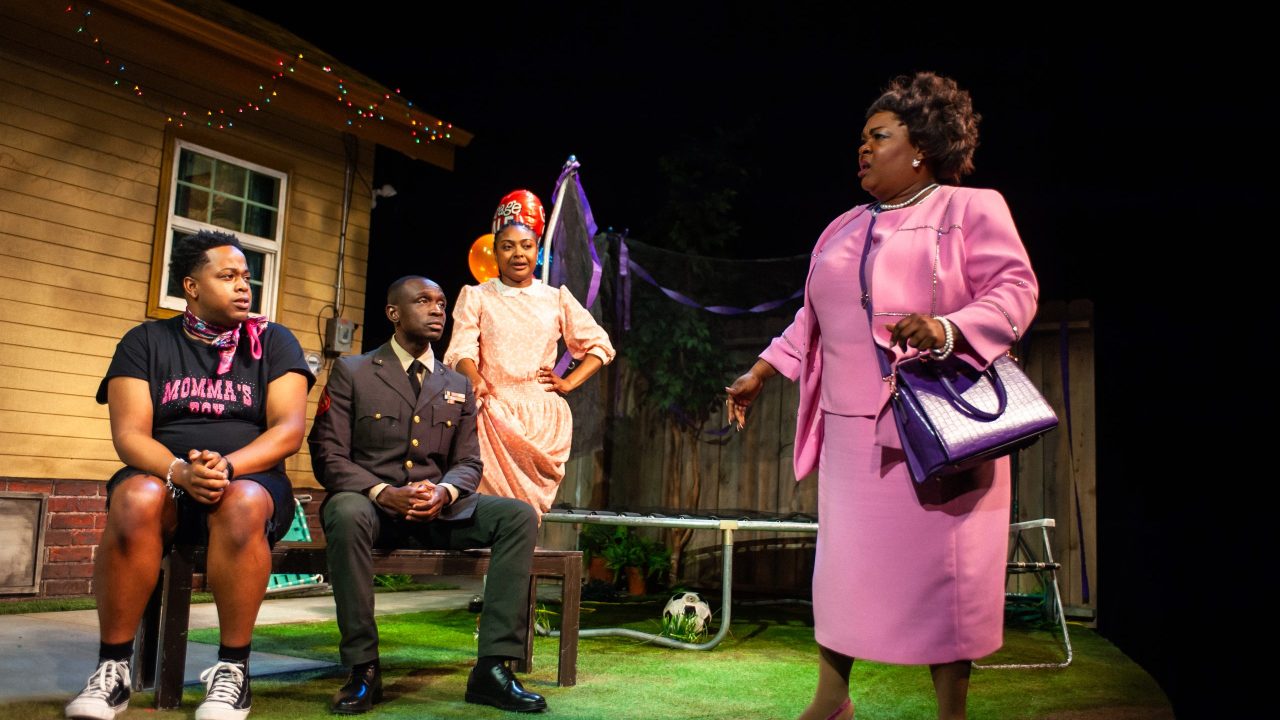 Juicy (Devin A. Cunningham), Larry (Samuel Ademola), and Opal (Courtney Gabrielle Williams) listen to Rabby's (Phaedra Tillery-Boughton) revelation in "Fat Ham," presented by San Francisco Playhouse March 20 - April 19. Juicy (Devin A. Cunningham), Larry (Samuel Ademola), and Opal (Courtney Gabrielle Williams) listen to Rabby's (Phaedra Tillery-Boughton) revelation in "Fat Ham," presented by San Francisco Playhouse March 20 - April 19.