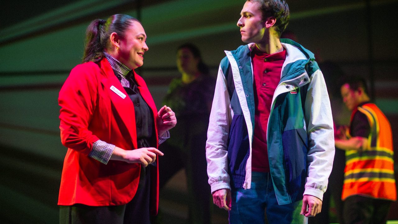 A stranger (Renee Rogoff) gives Christopher (Brendan Looney) directions in San Francisco Playhouse's "The Curious Incident of the Dog in the Night-Time," performing May 1 - June 21. A stranger (Renee Rogoff) gives Christopher (Brendan Looney) directions in San Francisco Playhouse's "The Curious Incident of the Dog in the Night-Time," performing May 1 - June 21.
