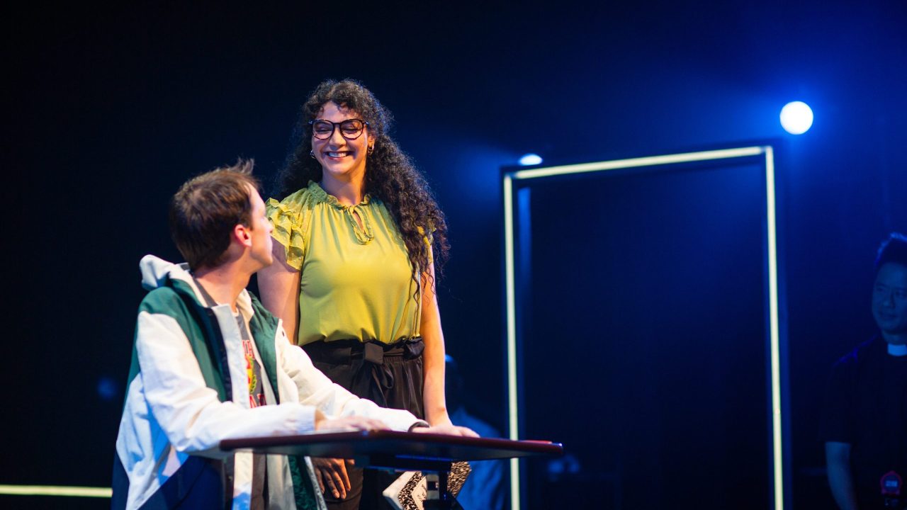 Christopher (Brendan Looney) listens to his teacher Siobhan (Sophia Alawi) in San Francisco Playhouse's "The Curious Incident of the Dog in the Night-Time," performing May 1 - June 21. Christopher (Brendan Looney) listens to his teacher Siobhan (Sophia Alawi) in San Francisco Playhouse's "The Curious Incident of the Dog in the Night-Time," performing May 1 - June 21.