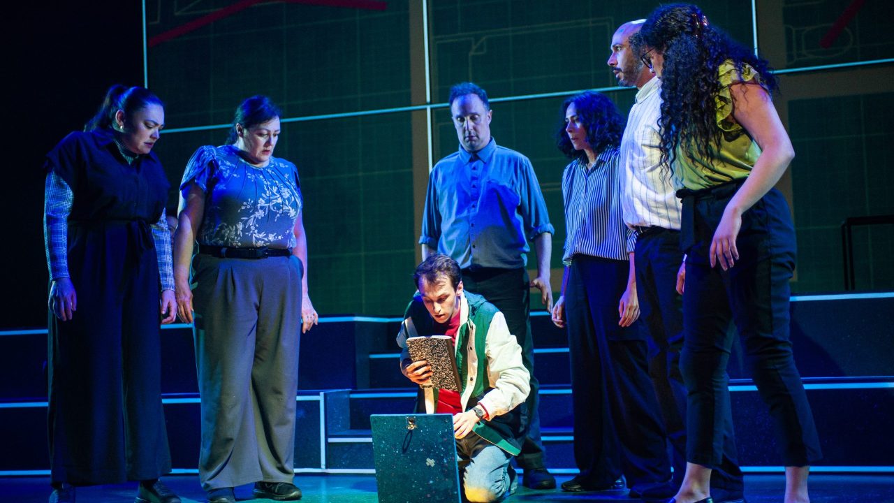 Christopher (Brendan Looney - center) reviews clues as the cast (l to r: Renee Rogoff, Catherine Luedtke, Cassidy Brown, Laura Domingo, Wiley Naman Strasser, and Sophia Alawi) looks on in San Francisco Playhouse's "The Curious Incident of the Dog in the Night-Time," performing May 1 - June 21. Christopher (Brendan Looney - center) reviews clues as the cast (l to r: Renee Rogoff, Catherine Luedtke, Cassidy Brown, Laura Domingo, Wiley Naman Strasser, and Sophia Alawi) looks on in San Francisco Playhouse's "The Curious Incident of the Dog in the Night-Time," performing May 1 - June 21.