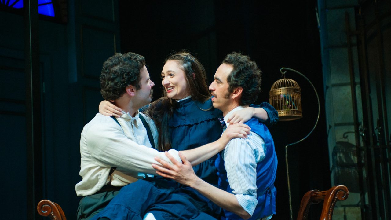 Professor Higgins (Adam Magill), Eliza (Jillian A. Smith), and Colonel Pickering (Brady Morales-Woolery) celebrate in San Francisco Playhouse's "My Fair Lady," performing July 3 - September 13, 2025. Professor Higgins (Adam Magill), Eliza (Jillian A. Smith), and Colonel Pickering (Brady Morales-Woolery) celebrate in San Francisco Playhouse's "My Fair Lady," performing July 3 - September 13, 2025.