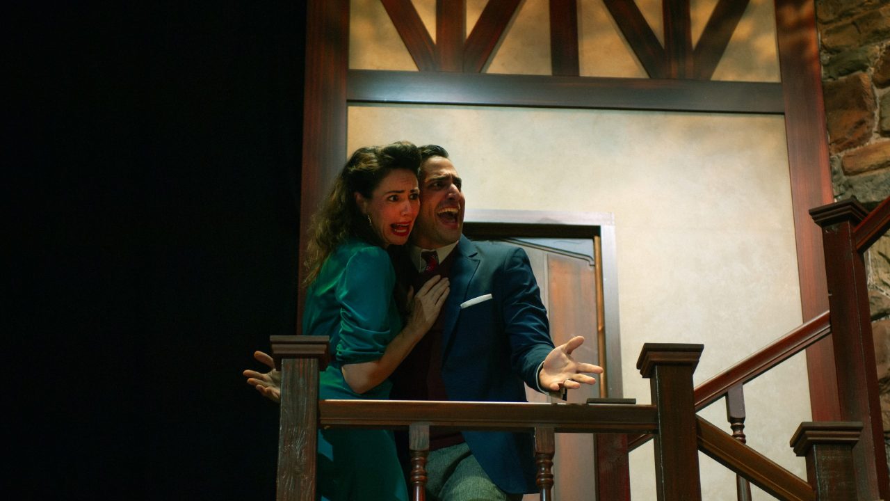 Belinda (Liz Sklar) and Frederick (Nima Rakhshanifar) are startled in San Francisco Playhouse's "Noises Off," performing September 25 - November 8. Belinda (Liz Sklar) and Frederick (Nima Rakhshanifar) are startled in San Francisco Playhouse's "Noises Off," performing September 25 - November 8.